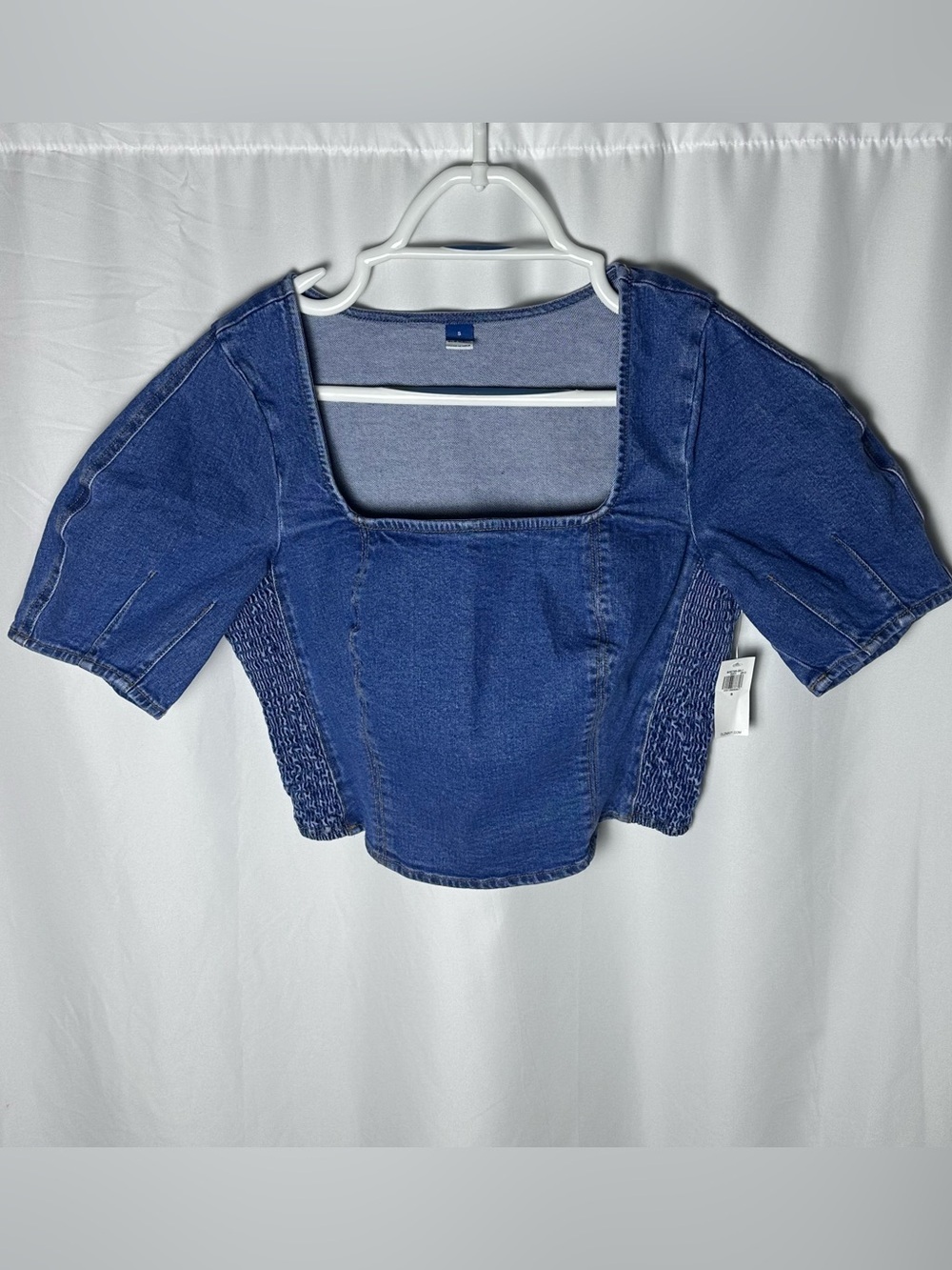 Old Navy Denim Puff Sleeve Square Neck Smocked Crop Top Size Small NWT
